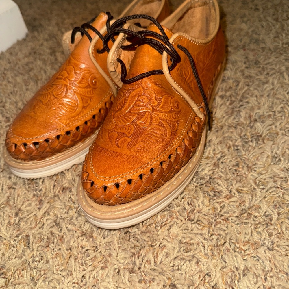 Brown and Tan Leather Loafers with Perforated Detailing